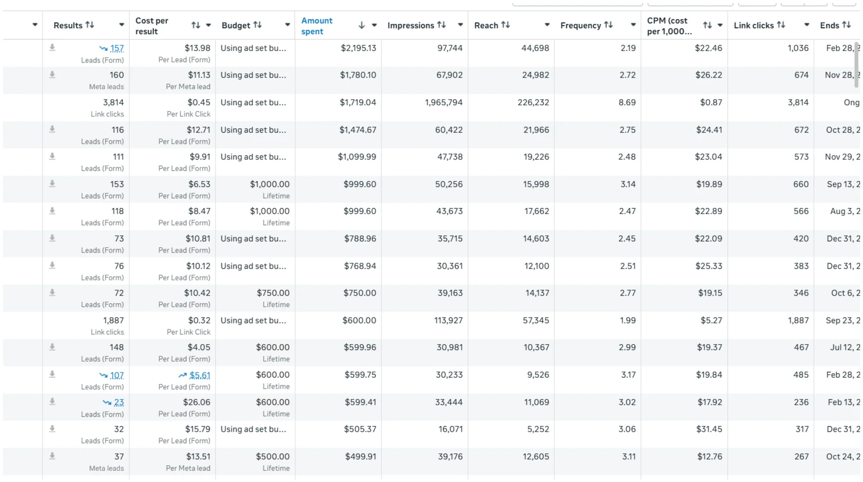 Meta Ads Manager campaign view in US dollars with lead form results, cost per lead and spend; campaign and account names hidden