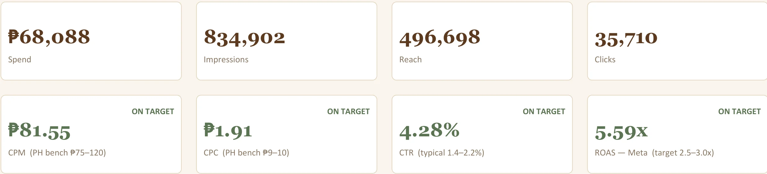 Meta Ads results tiles from the June 2026 monthly report: spend, impressions, reach, clicks, CPM, CPC, CTR and 5.59x return on ad spend