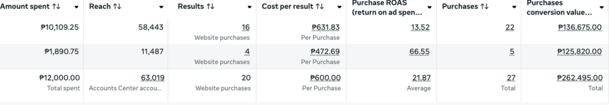 Meta Ads Manager rows for a website purchase campaign: ₱12,000 spent, 27 purchases, ₱262,495 conversion value, 21.87 purchase ROAS